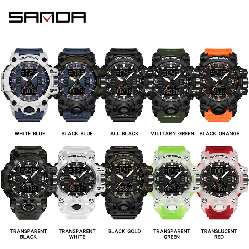 SANDA Men Sports Watches Dual Display Analog Digital LED Electronic