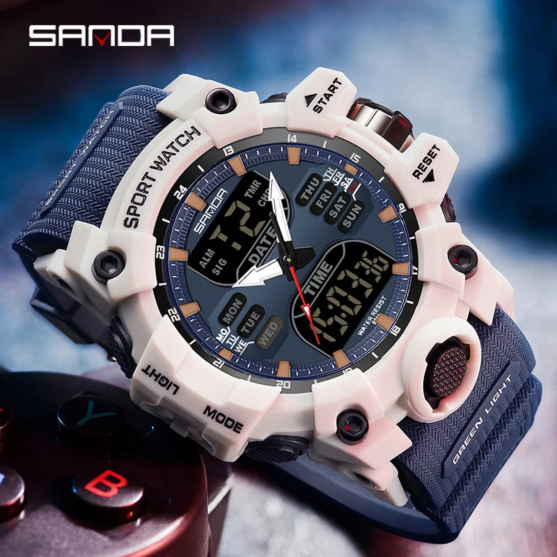 SANDA Men Sports Watches Dual Display Analog Digital LED Electronic