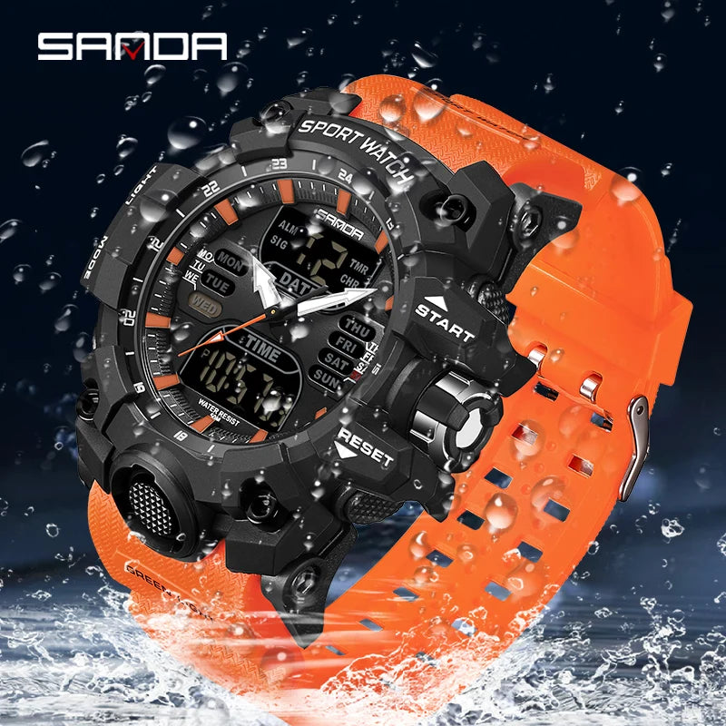 SANDA Men Sports Watches Dual Display Analog Digital LED Electronic