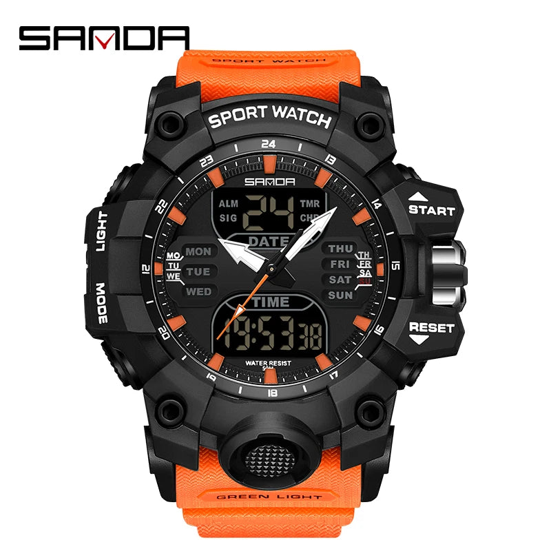 SANDA Men Sports Watches Dual Display Analog Digital LED Electronic